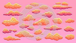 Cartoon sunset cloud, fluffy orange clouds in sky. Cute pink cloudy skies, heaven sundown cloudscape with cloud shapes