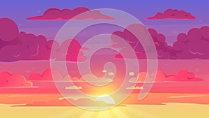 Cartoon sunset sky. Gradient violet and yellow sky clouds landscape, evening sunset heaven panorama vector background