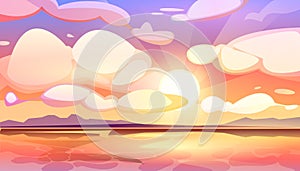 Cartoon sunset or sunrise gradient sky with clouds and sun