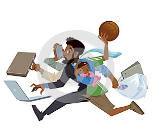 Cartoon super busy black man and father multitasking in work photo