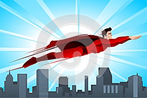 Cartoon Super hero flying over a city