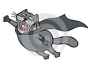 Cartoon superhero bat cat in a mask is flying to save humanity. vector illustration