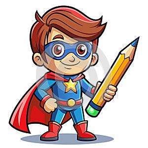A cartoon superhero boy with a penci