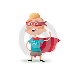 Cartoon superhero boy standing with cape waving in the wind. Happy little hero kid. Children character in red supermen