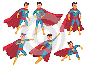 Cartoon superhero character. Muscular male standing in super cool pose in superheroes costume with waving cloak. Hero