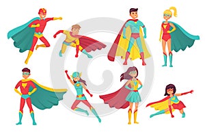 Návrh maľby superhrdina znakov. žena a samec lietanie superhrdinovia. a superžena 