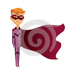 Cartoon superhero kid character. Joyful kid wearing super hero costume with mask and comic cloak for brave recreation