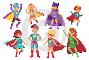 Cartoon superhero kids characters. Joyful kid wearing super hero costume with mask and cloak. Children superheroes