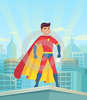 Cartoon superhero watching city. Comic powerful man, hero in super suit with cloak on town cityscape vector illustration