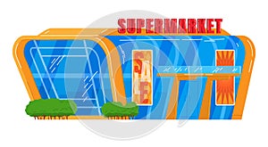 Cartoon supermarket facade with sale signs. Bright blue and orange storefront illustration. Shopping and retail theme