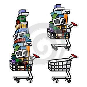 cartoon supermarket grocery trolley cart empty half empty half full sale shopping lot isolated object