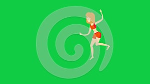 Cartoon surf girl keeping balance on green background in 4k video.