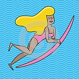 Cartoon surfer girl in pink swimsuit, vector illustration