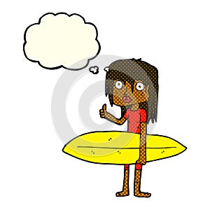 cartoon surfer girl with thought bubble