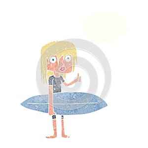 cartoon surfer girl with thought bubble