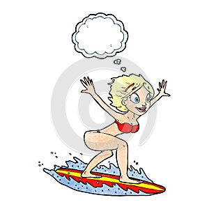 cartoon surfer girl with thought bubble