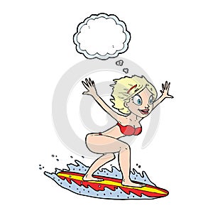 cartoon surfer girl with thought bubble