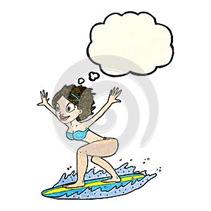 cartoon surfer girl with thought bubble