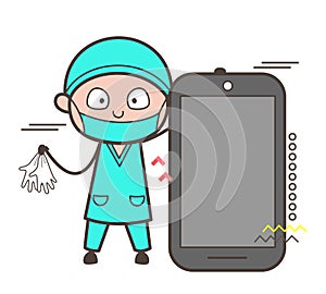 Cartoon Surgeon Holding Gloves and Presenting a Smartphone Vector