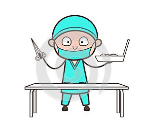 Cartoon Surgeon Holding a Scissors and Tool Box Vector photo
