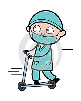 Cartoon Surgeon Rides the kick scooter