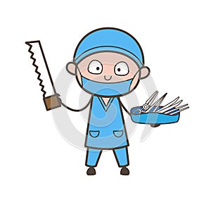 Cartoon Surgeon with Saw Cutter and Medical Equipments Vector
