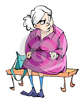 Cartoon a surprised curious grandmother is sitting on a bench. Vector illustration