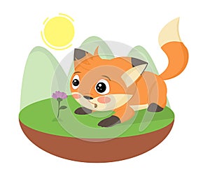 Cartoon surprised cute little fox found a flower. Hand drawn foxy. Cartoon character fluffy pet animal with beautiful tail, for ki