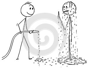 Cartoon of Surprised Wet man and Another Man Holding Hose