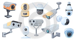 Cartoon surveillance cameras. Cctv spy watching video system, professional home or outdoor security equipment, interior