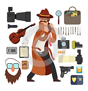 Cartoon surveillance detectives with equipment vector set for investigation concept