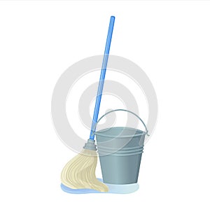 Cartoon swab with bucket stock vector illustration. Mop wipes a puddle. Cleaning services, household concept. Equipment