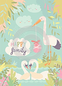 Cartoon swans in love and stork with baby