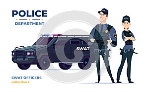 Cartoon swat officers man and woman team in armor. Safety officers with swat car. Guardians of law and order.