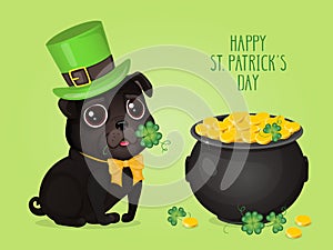 Saint Patricks Day ÃÂard with a cute black pug in Leprechaun hat and pot of gold.