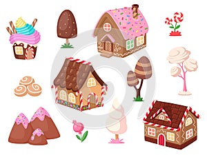 Cartoon sweet element. Candy cupcake house, dessert tree and flowers. Chocolate and ginger cookies home, garish game