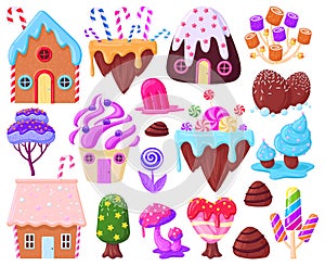 Cartoon sweet fantasy gingerbread houses and caramel trees. Fairy tale sweet candy land elements, biscuit houses, lollipop plants