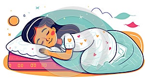 Cartoon sweet girl sleeping in bed under duvet. Pretty child seeing colourful dreams illustration.
