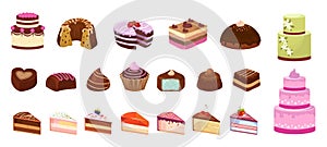 Cartoon sweets. Cake candy chocolate biscuit. Isolated pieces of birthday cakes. Dessert isometric icons, colorful