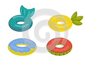 Cartoon swim rings, pool games rubber toys, colorful lifebuoys. Swimming circles, cute pool crab, unicorn, pineapple