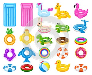 Cartoon swimming circles, pool or beach water rubber ball and mattress. Summer water toys, pool games lifebuoys vector