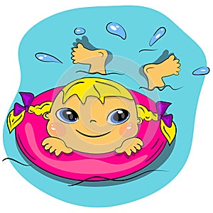 Cartoon swimming girl in sea.summer beach vacation