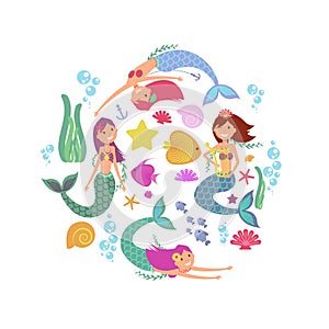 Cartoon swimming mermaids and sea underwater animals vector collection