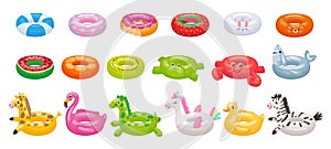 Cartoon swimming ring. Funny flamingo, shark, unicorn and duck floating rings. Summer swimming pool toys vector illustration set