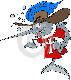 Cartoon sword fish dressed like a musketeer vector illustration
