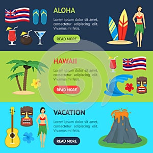 Cartoon Symbol Of Hawaii Banner Horizontal Set. Vector