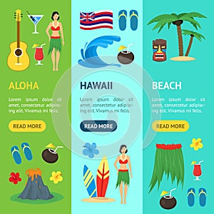 Cartoon Symbol Of Hawaii Banner Vecrtical Set. Vector