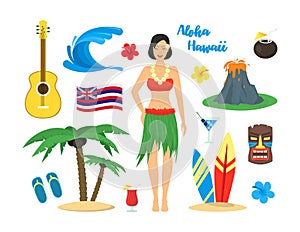 Cartoon Symbol Of Hawaii Color Icons Set. Vector