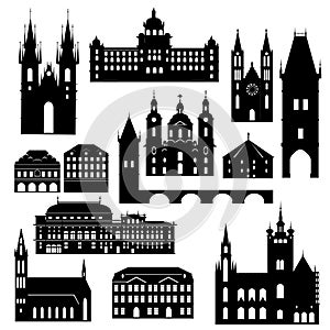 Cartoon symbols and objects set of Prague flat style illustration.