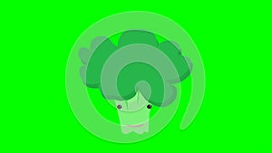 Cartoon talking broccoli loop with alpha channel. Vegetable animation on chroma key green or transparent background.